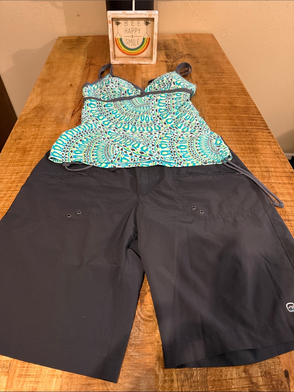 Women's Aqua Pattern Tankini Top & gray Swim Shorts Set with bonus top